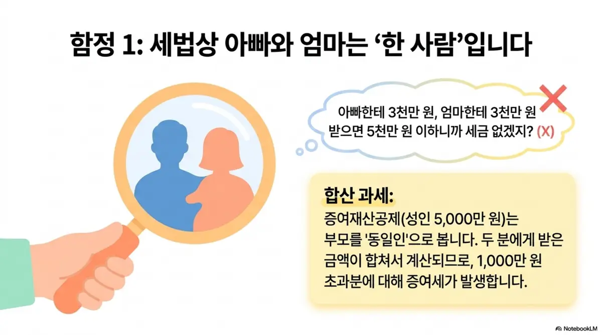 증여세 절세방법: 돋보기 안에 부모 실루엣이 겹쳐진 일러스트와 함께 아버지 3천만원과 어머니 3천만원을 합산하면 5천만원을 초과하여 1천만원에 대해 증여세가 발생한다는 합산 과세 규정을 보여주는 인포그래픽 이미지. 이 이미지는 증여세 10년 합산 규정에서 부모를 동일인으로 보는 주의사항을 시각적으로 전달하며 블로그의 증여세 절세 시 주의사항과 관련된 내용을 설명함