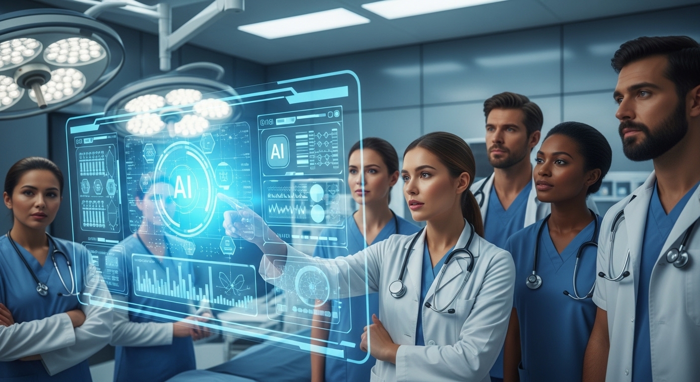 AI 진단 정확도가 높은 미래 병원에서 의사와 AI가 함께 환자 데이터를 분석하는 모습