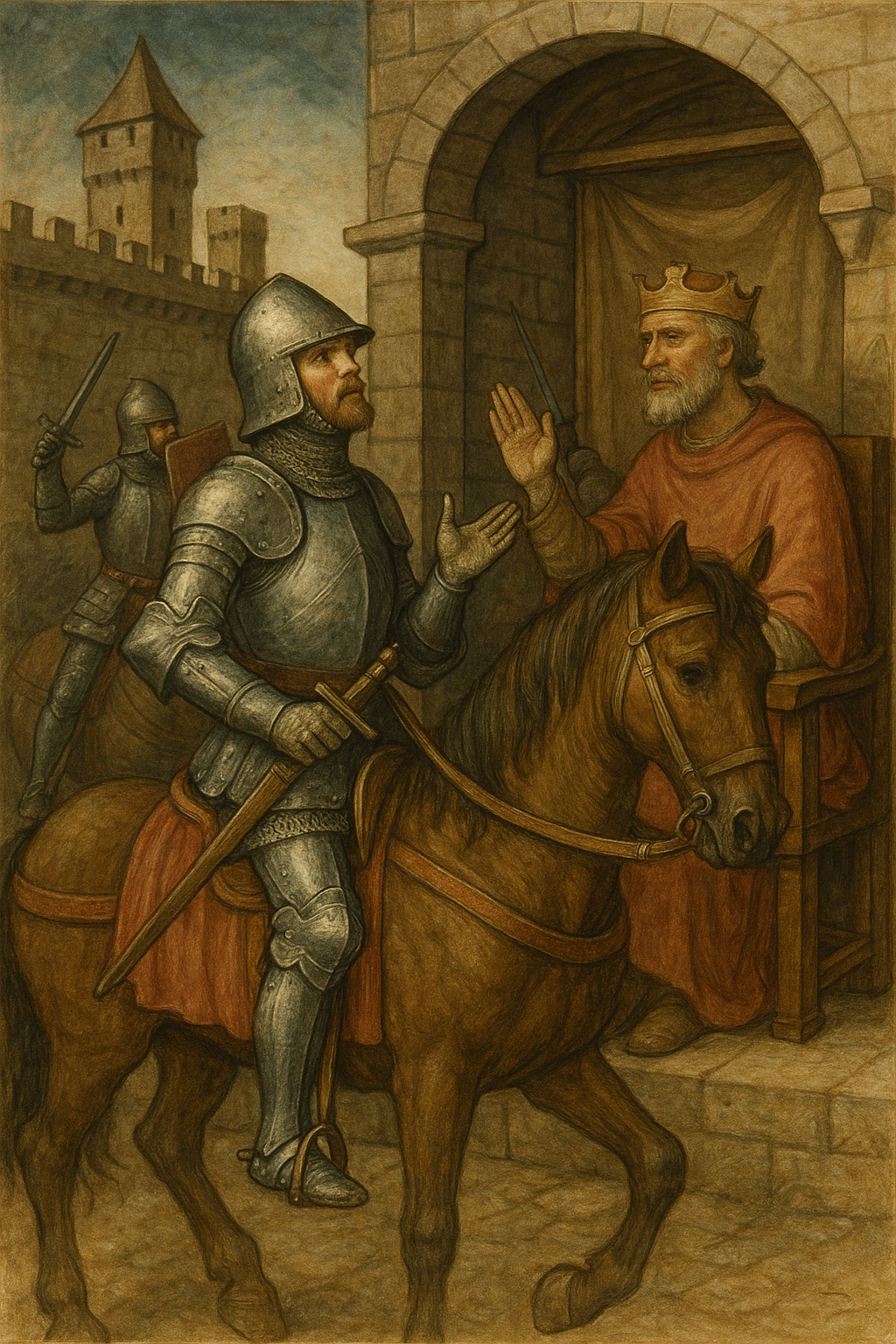 중세 기사가 갑옷을 입고 말을 타고 있는 영주 이미지