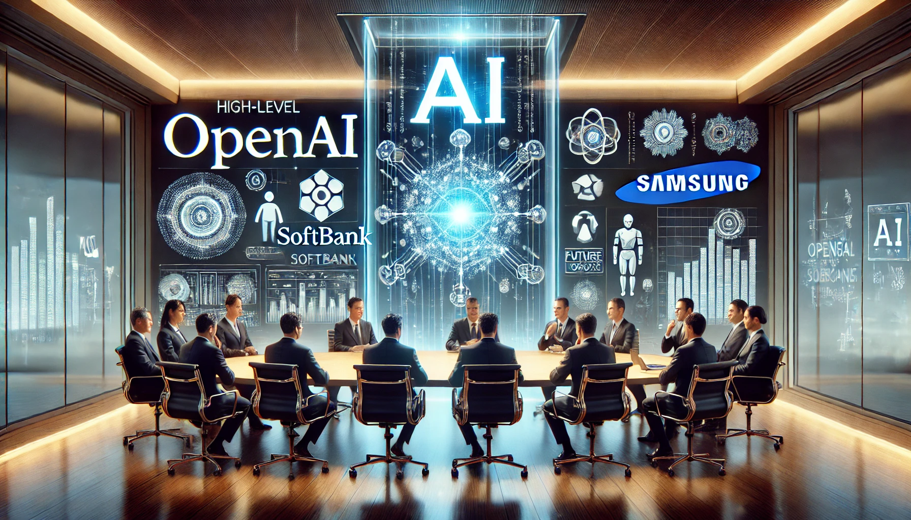 삼성전자, 오픈AI, 소프트뱅크가 가상 모의회의를 하는 상징적 그림 묘사