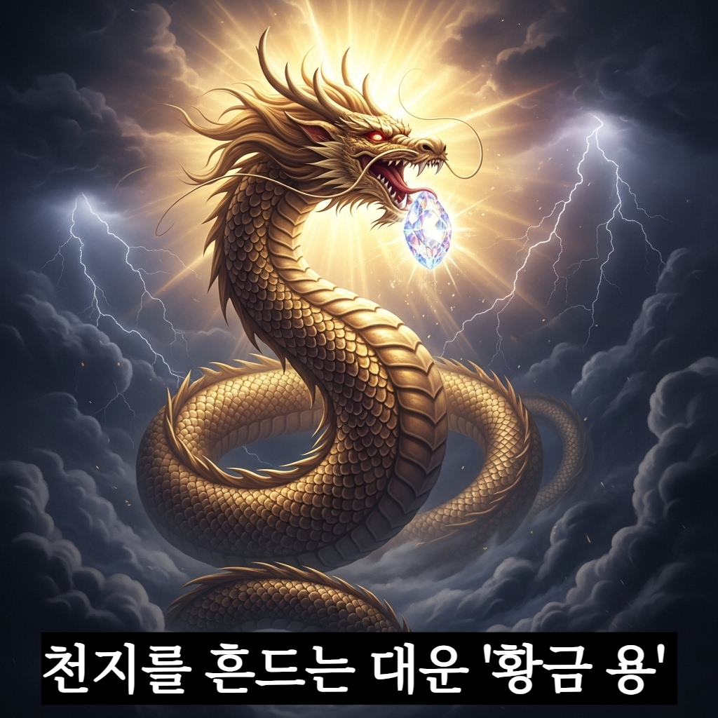 웅장한 구름 사이로 황금빛 비늘을 빛내며 승천하는 거대한 용이 입에 영롱한 빛의 여의주를 물고 있는 신비로운 일러스트