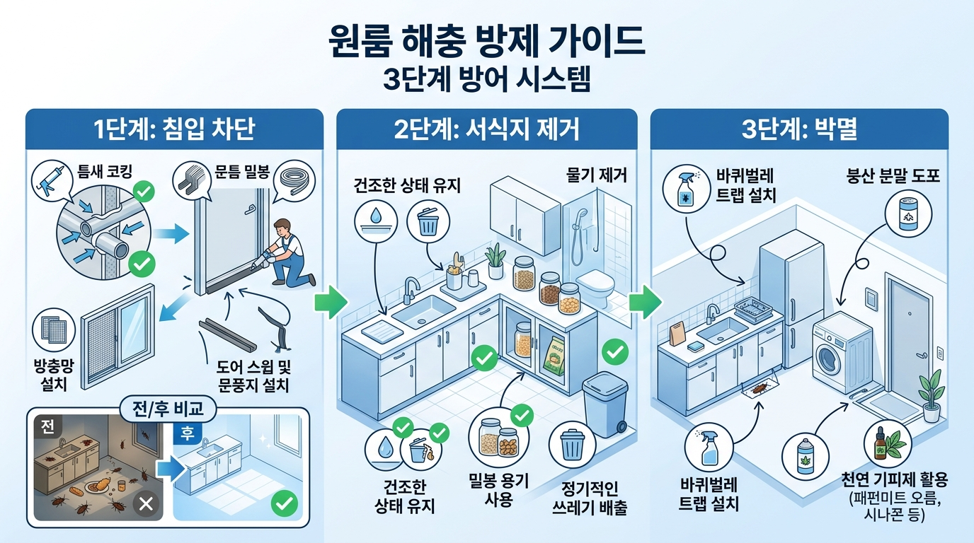 물기 없이 깨끗하게 관리된 주방 싱크대 배수구와 틈새가 막힌 모습, 자취방 벌레 완전 퇴치 가이드