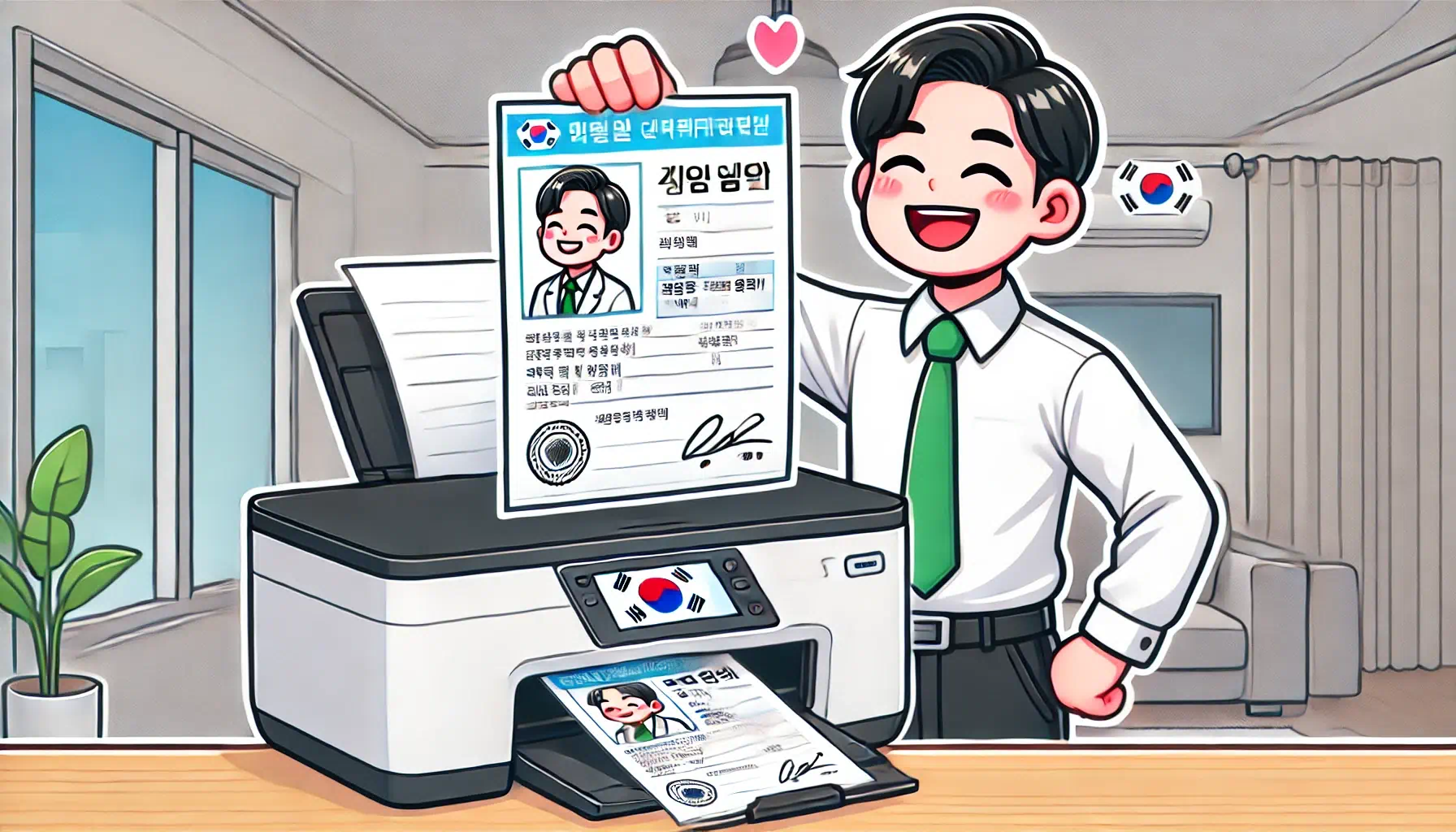 한 남성이 보건증 인터넷 발급 후 프린트로 출력을 하고 웃고있는 모습