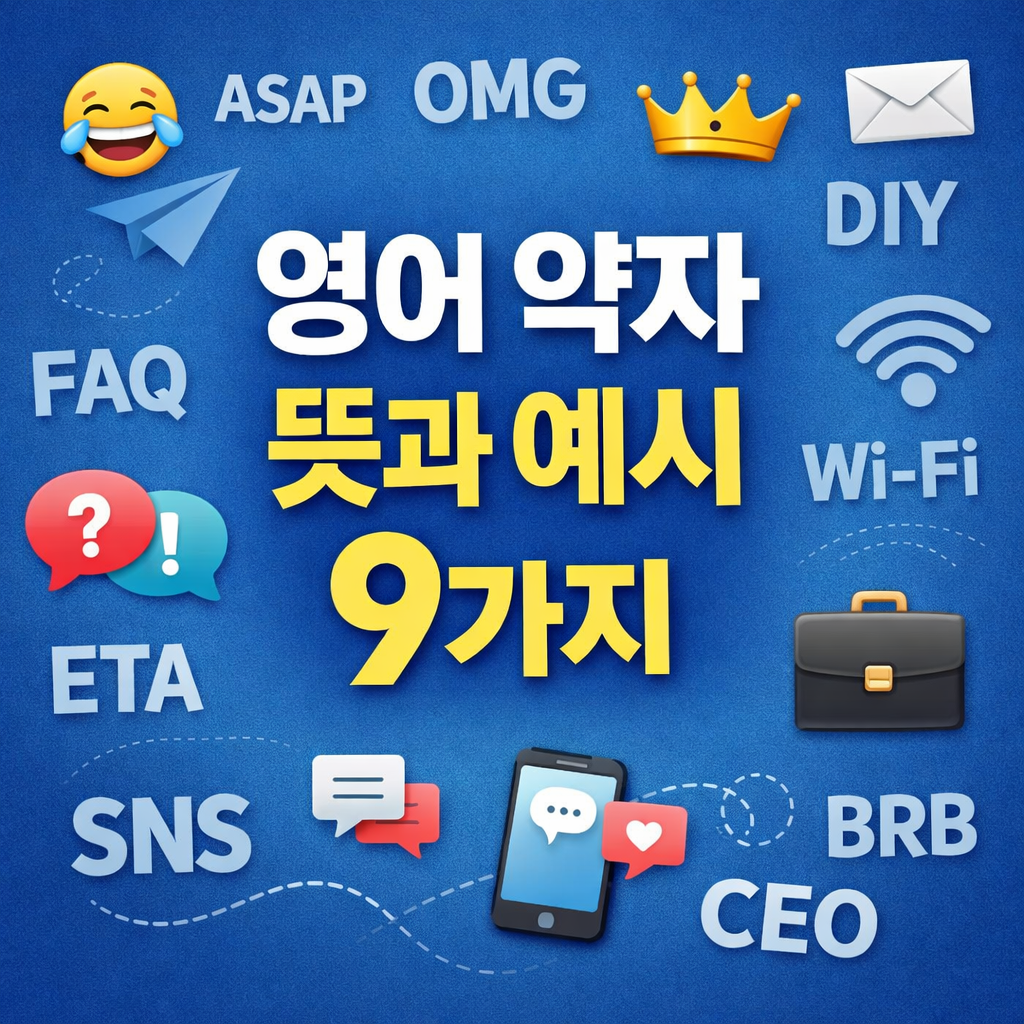 파란색 그라데이션 배경의 정사각형 이미지. 중앙에 굵은 글씨로 “영어 약자 뜻과 예시 9가지”라는 문구가 배치되어 있다. 주변에는 LOL, ASAP, OMG, DIY, FAQ, Wi-Fi, SNS, CEO, BRB, ETA 등의 영어 약자와 함께 웃는 이모지, 왕관, 이메일 봉투, 비행기, 말풍선, 스마트폰, 서류가방 아이콘이 장식처럼 배치되어 있어 영어 약자를 소개하는 콘텐츠임을 시각적으로 표현한다.