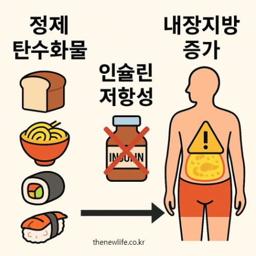 정제 탄수화물과 인슐린 저항성이 내장지방 증가로 이어지는 과정을 설명하는 인포그래픽. 식빵, 라면, 김밥, 초밥 등의 음식 그림 포함.