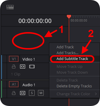 타임 라인 좌측 빈 공간에서 우클릭하고 Add Subtitle Track 메뉴를 선택한 화면