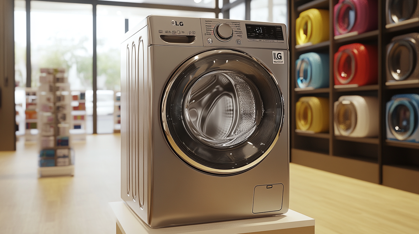 LG 세탁기의 투명 도어와 다양한 색상 옵션이 전시된 쇼룸에서의 장면, 자연광 아래 다채로운 색상과 세부 디자인 강조.
