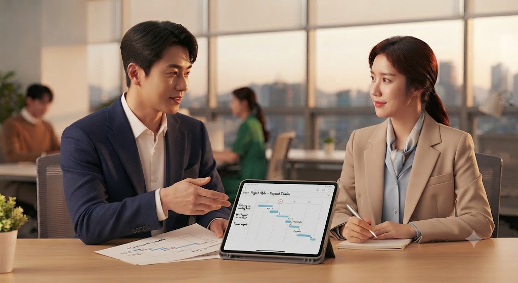 세련된 서울 오피스에서 프로젝트 리더들이 태블릿에 시각화된 수정된 일정표를 가리키며 긍정적이고 협력적으로 대안을 논의하고 있는 모습