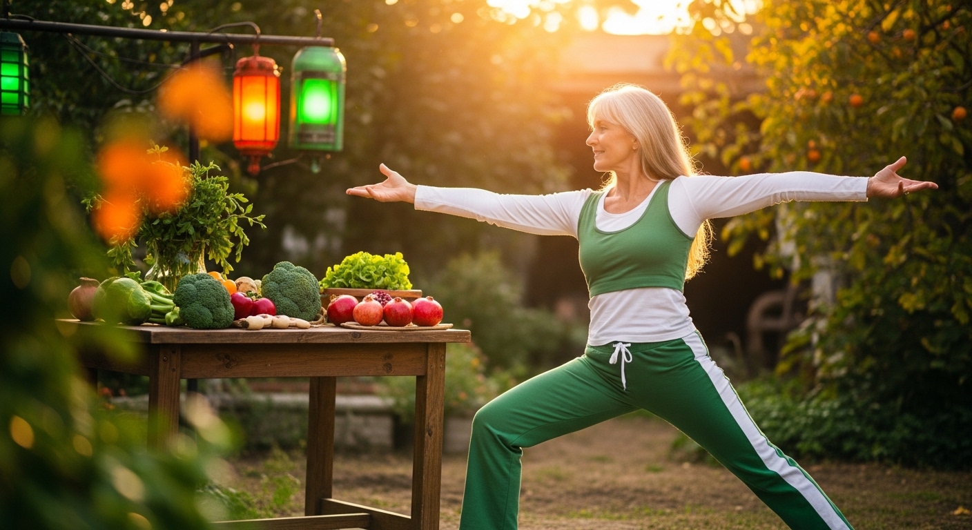 한여성이 팔과다리를 스트레칭하고 있고 테이블위에는 야채들이 있으며 아침햇살처럼 따뜻한 느낌이 난다