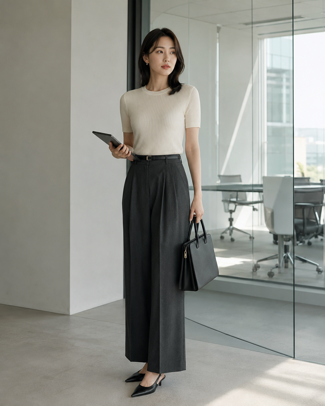 중요한 회의: 와이드 슬랙스에서 형태·비율·활용 포인트의 차이를 비교한 이미지입니다.