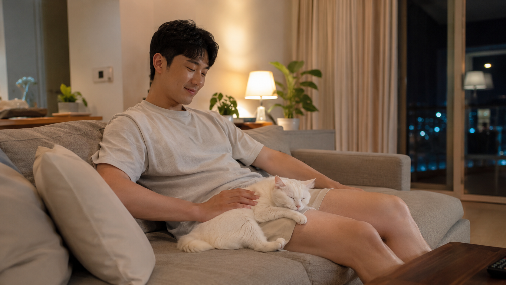 밤에 소파에서 잠든 고양이 곁을 지키는 저녁