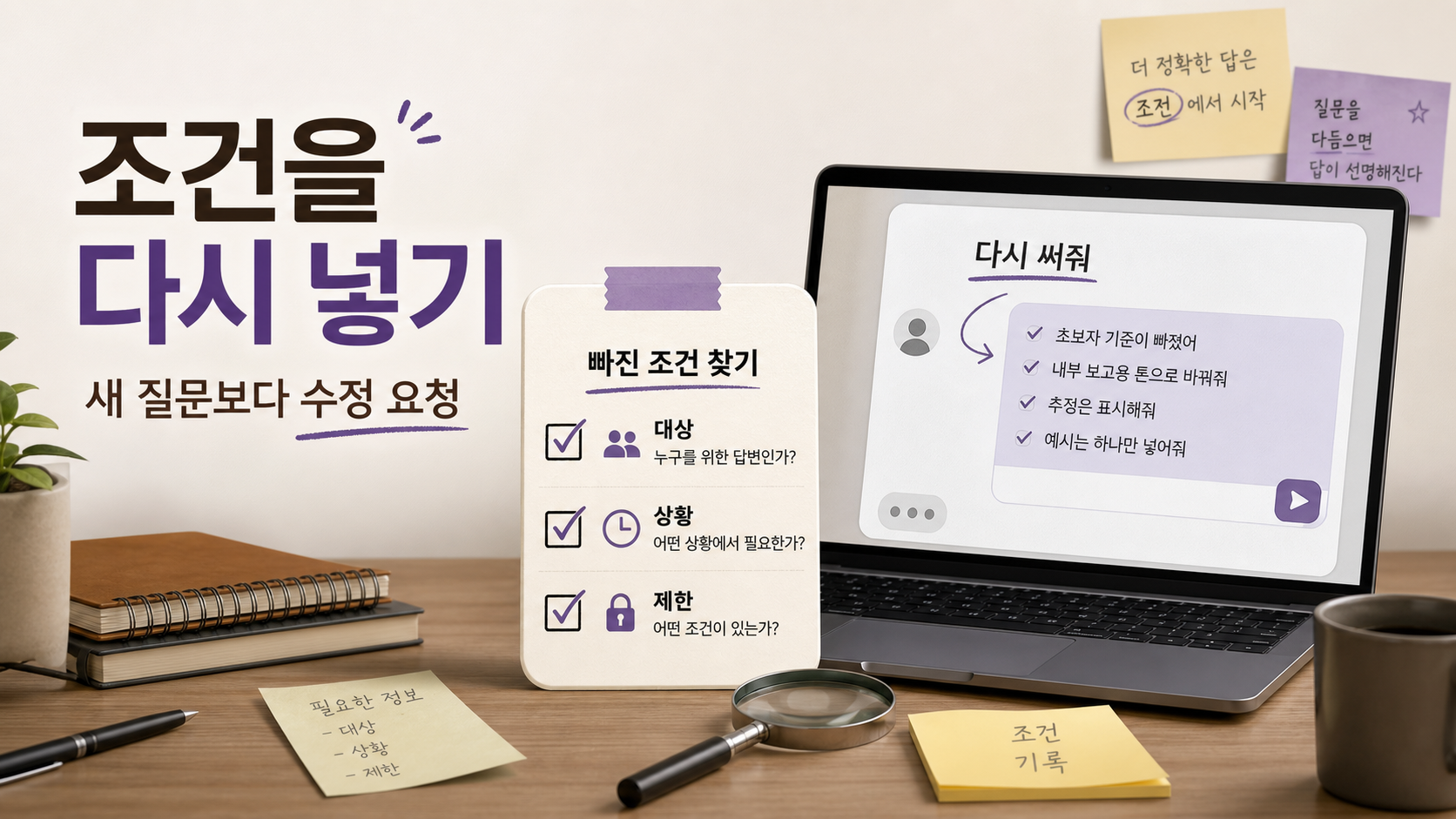 노트북 화면에 ChatGPT 답변 수정 요청 문장을 입력하고 빠진 조건을 체크하는 장면