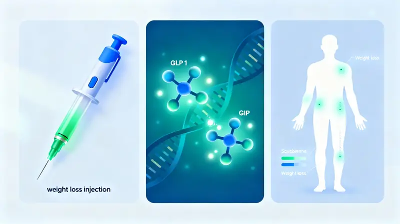 GLP-1 기반 비만치료제의 작용 기전과 체중감량 효과를 설명하는 일러스트 이미지로, 주사제, GLP-1&middot;GIP 분자 구조, 체중감소 반응 부위를 표현함