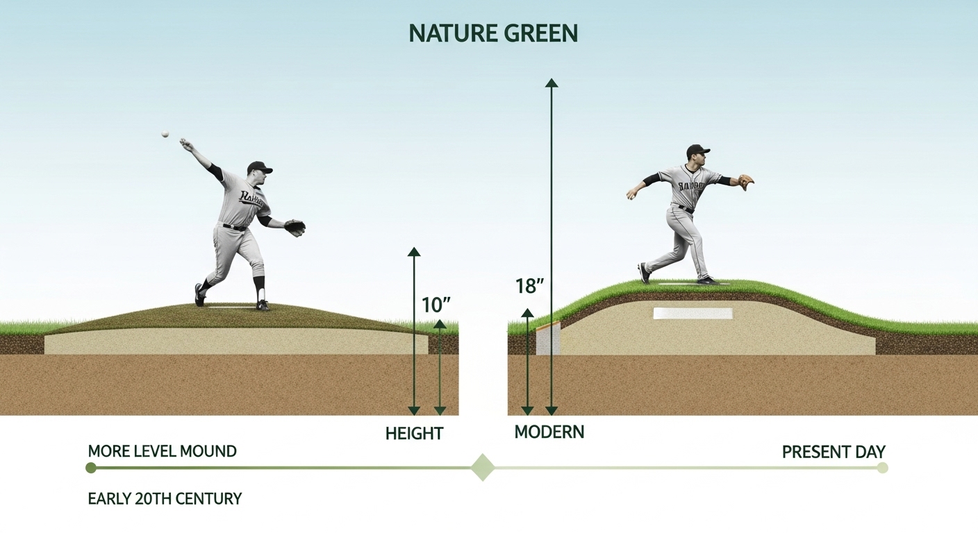 야구 마운드 높이 변화의 역사와 그에 따른 투수의 투구 자세 변화를 보여주는 도식.