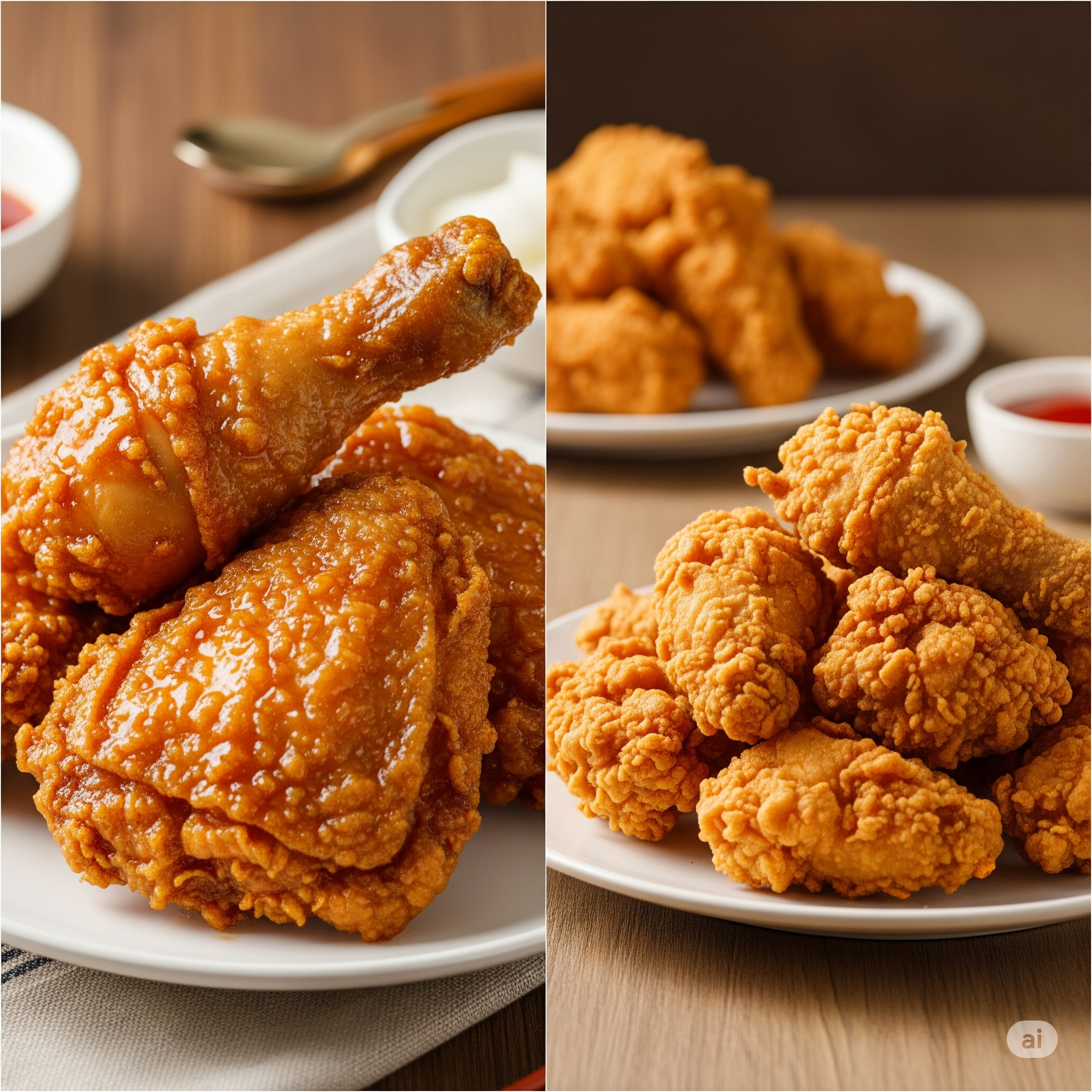 한국식 옛날통닭과 미국식 후라이드치킨을 비교한 음식 사진 - 두께와 색깔, 크기의 차이를 보여주는 이미지