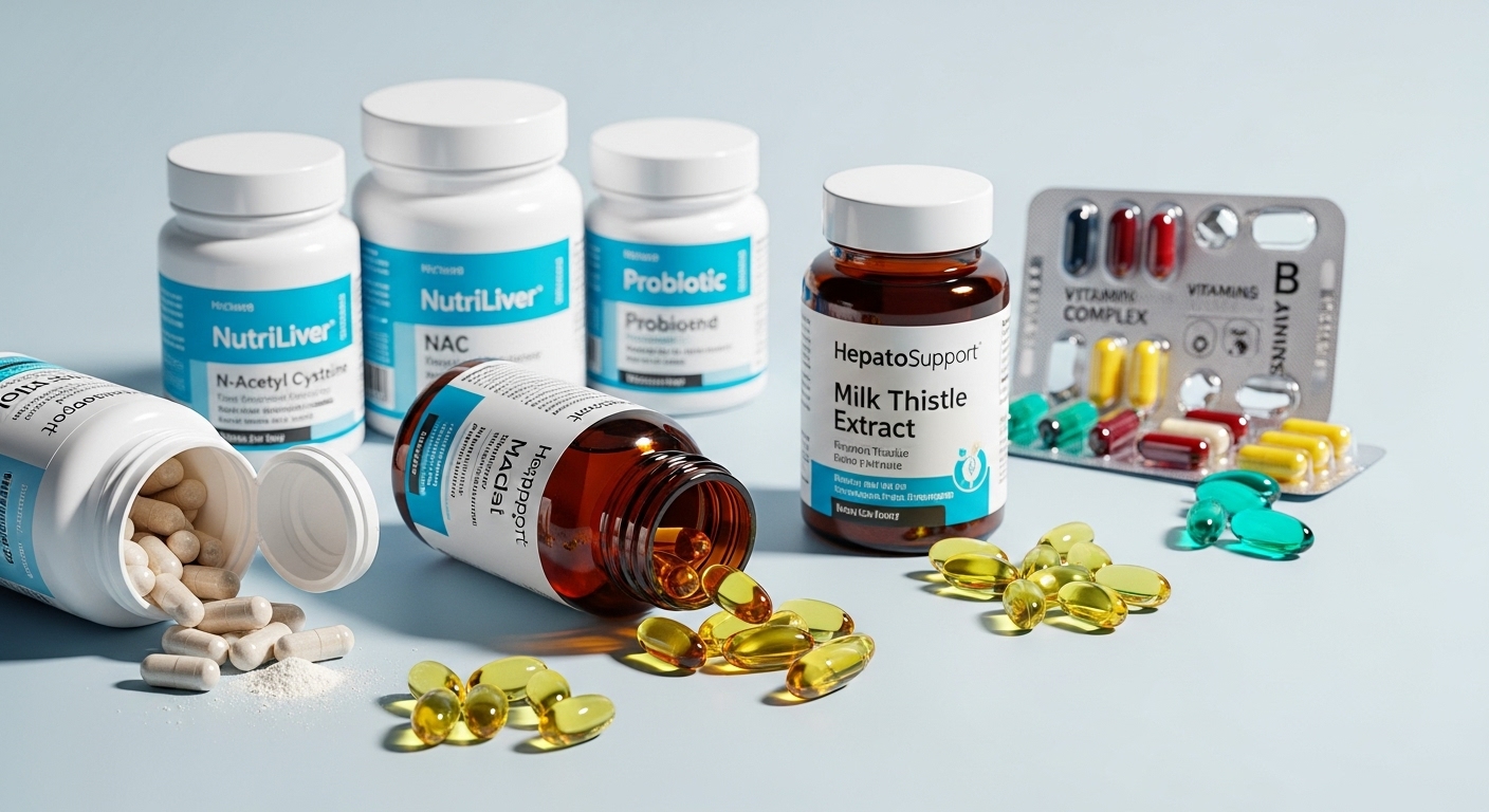 밀크씨슬, NAC, 비타민 B군, 오메가-3, 프로바이오틱스 등 간 건강 영양제들이 깔끔하게 진열된 모습