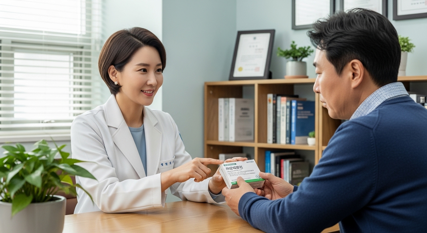 의사가 환자에게 약물 복용 시 주의사항에 대해 친절하게 설명해주고 있는 장면