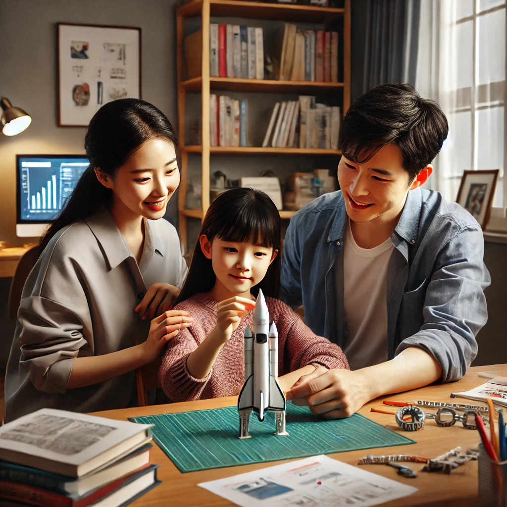 밝은 공부방에서 딸이 소형 로켓 모델을 만들며 부모가 따뜻하게 격려하는 모습. 꿈과 배움의 즐거움을 함께 나누는 가족