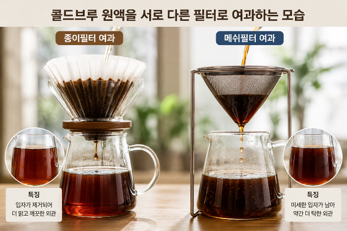 콜드브루 원액을 종이필터와 스테인리스 메쉬필터로 각각 여과해 맑은 정도와 미세입자 차이를 비교한 이미지