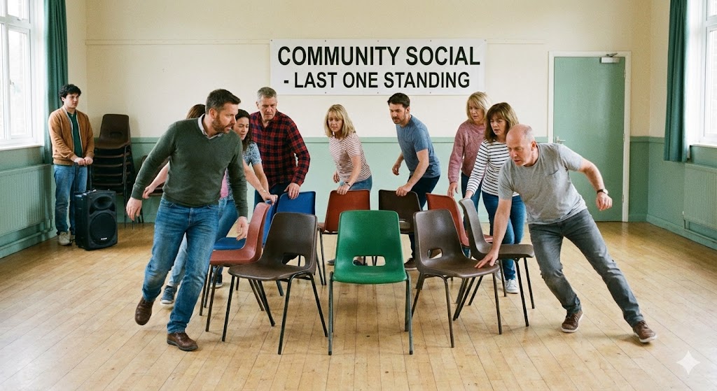 의자 뺏기 게임을 하는 사람들, 의자가 하나 모자라 누군가는 탈락할 수밖에 없는 상황을 묘사한 그림