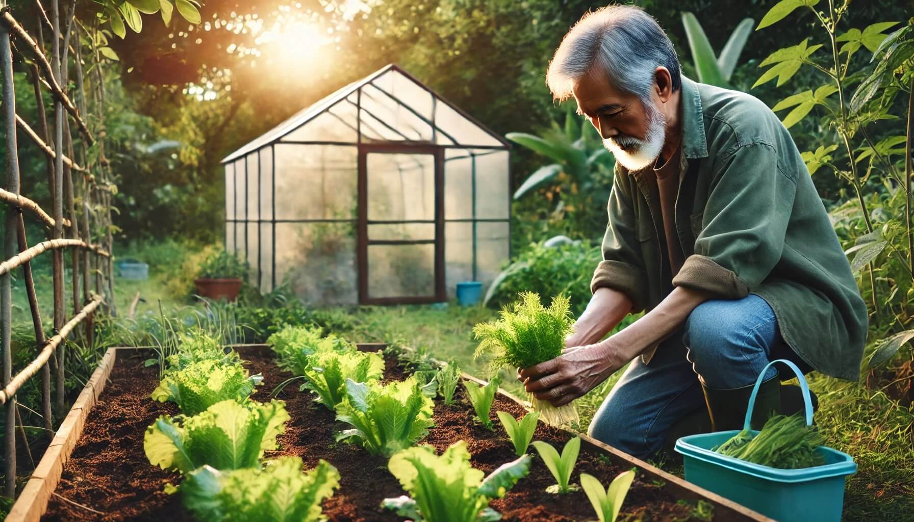시니어 농부가 채소를 수확하는 평화로운 모습