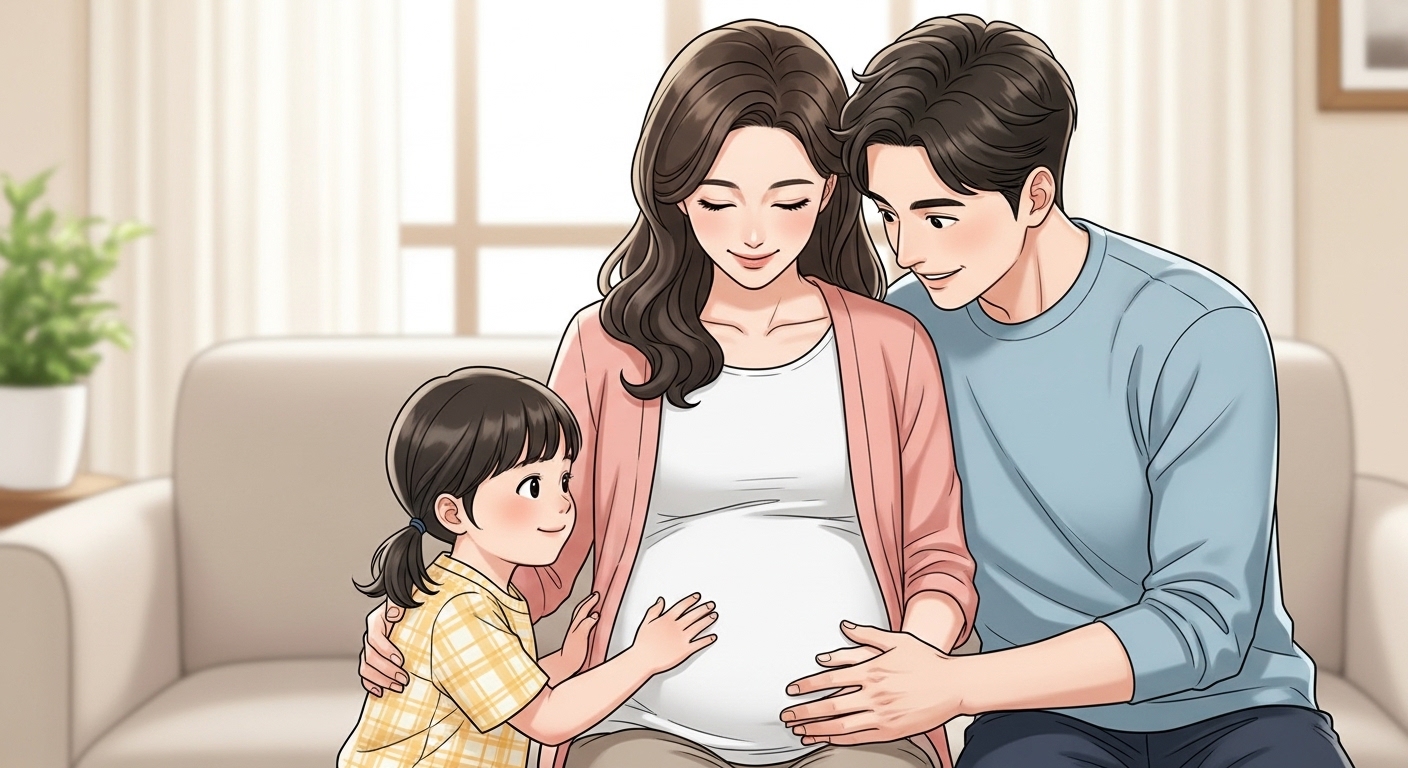 첫째 아이가 엄마 배에 손을 얹고 둘째와 교감하는 행복한 가족의 모습.