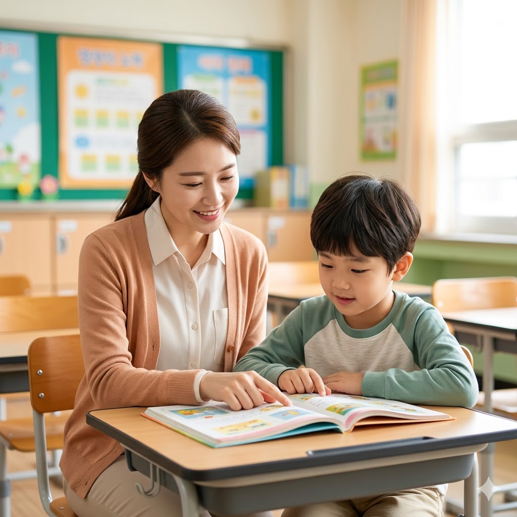 "초등학교 교실에서 기초학력 협력강사가 학생의 학습을 1대1로 다정하게 도와주고 있는 모습"