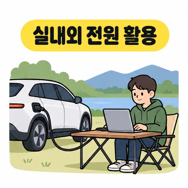 실내외 전원 활용이라는 제목 아래 사람이 차량 옆 테이블에서 전원이 연결된 노트북을 사용하는 그림