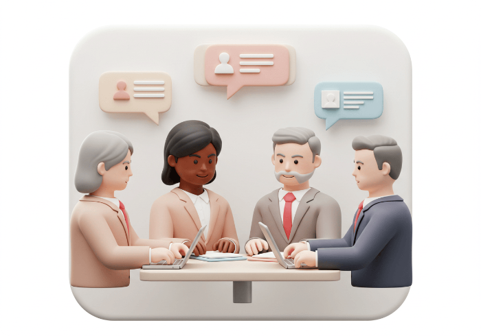 중장년층이 전문 상담사와 재취업 상담을 받고 있는 모습을 형상화한 3D 아이콘