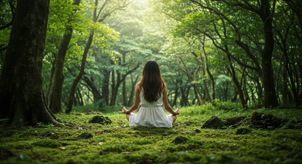 제주 숲속에서 조용히 명상하며 힐링하는 한국인 여성