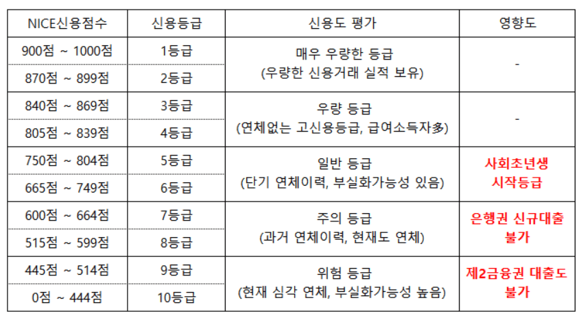 나이스(NICE) 신용점수 구간별 신용도평가 및 금융기관 영향도 평가표