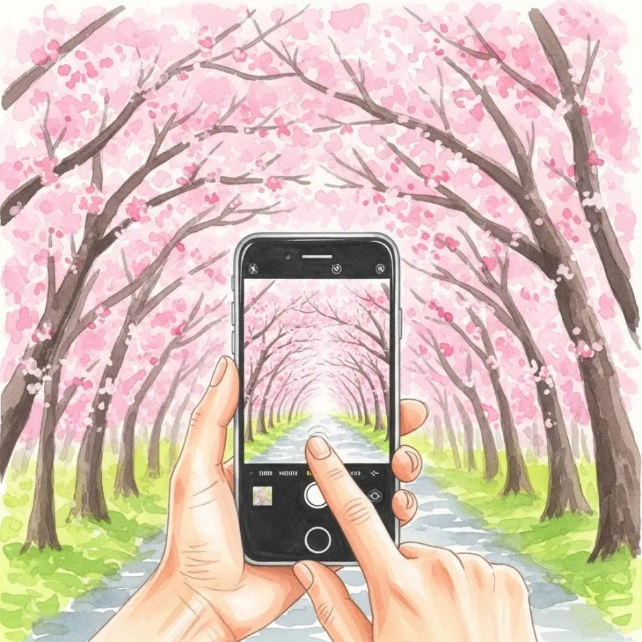 활짝 핀 벚꽃 터널을 스마트폰으로 촬영하는 모습