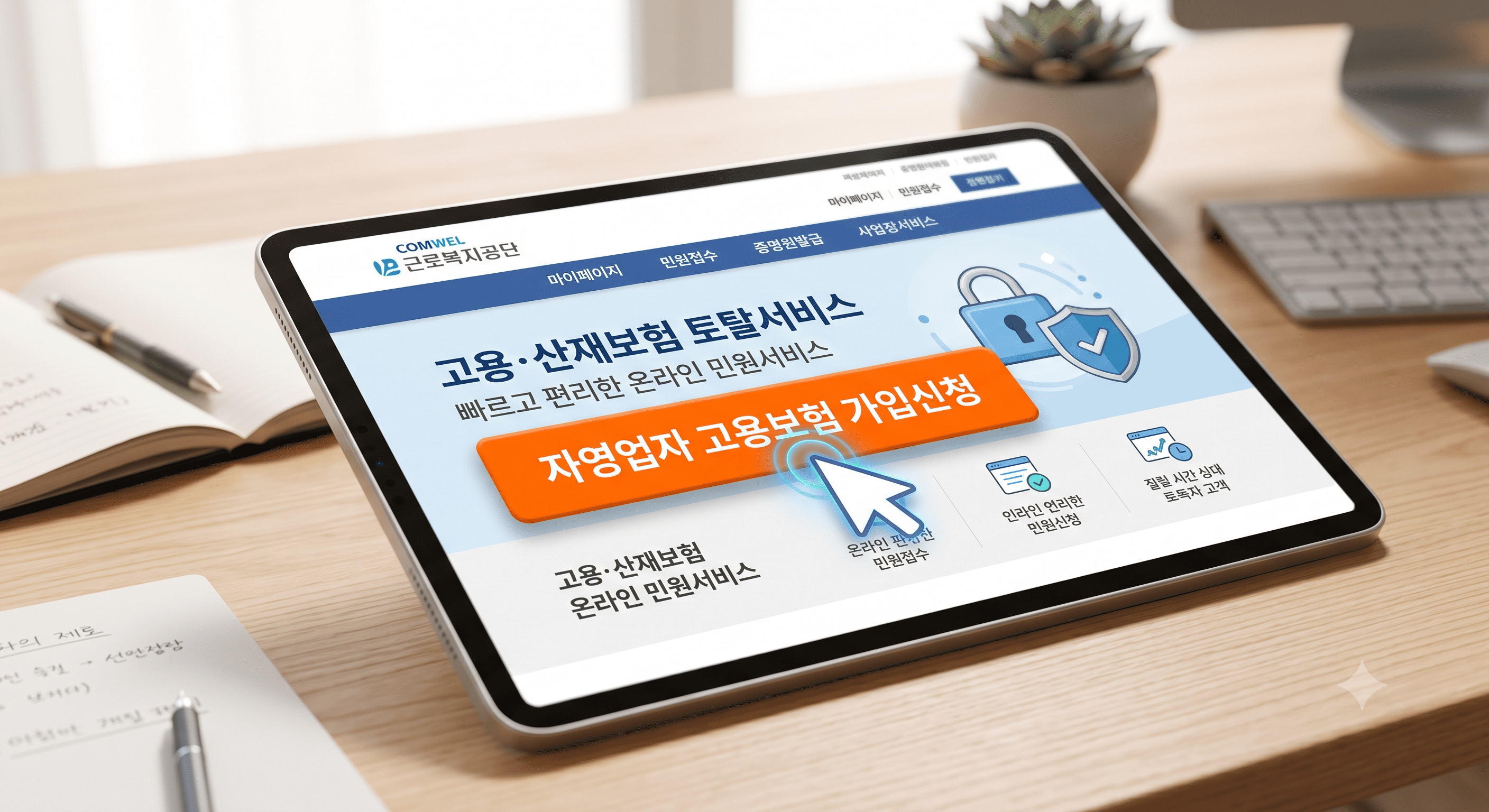 근로복지공단 고용·산재보험 토탈서비스를 통해 자영업자 산재보험을 온라인 비대면 신청하는 화면