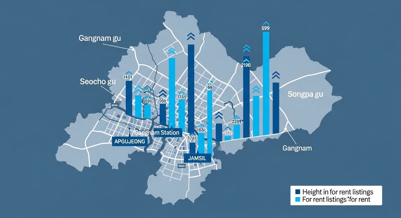 서울 강남 3구(강남, 서초, 송파) 지도 위에 전세 매물 증가를 나타내는 데이터 그래프와 화살표가 표시된 모습. 실거주 의무 유예 정책으로 인한 매물 변화를 시각적으로 보여줍니다.