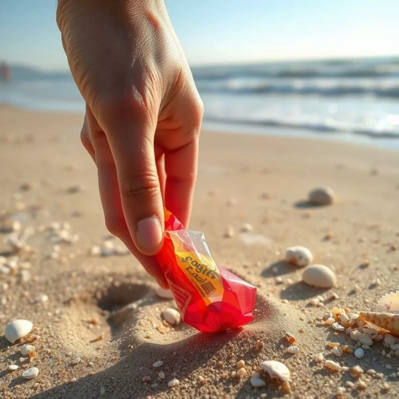 해변에서 조개와 함께 쓰레기를 줍는 비치코밍을 즐기는 여행자의 손, 작은 실천의 소중함을 보여준다.