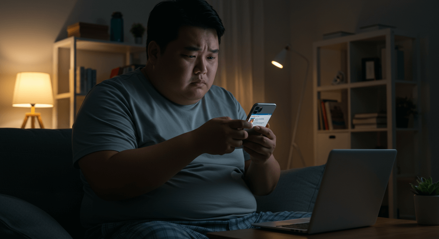 남성 비만 환자가 위고비 성지를 찾기 위해 온라인 커뮤니티를 확인하는 모습 1