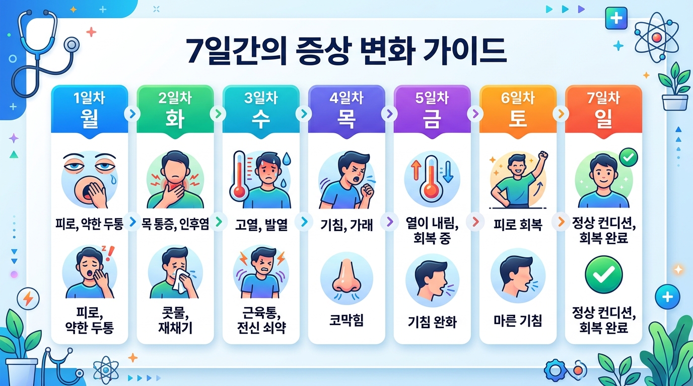 2026년 코로나 변이 확진 후 일주일간 나타나는 신체 변화 타임라인