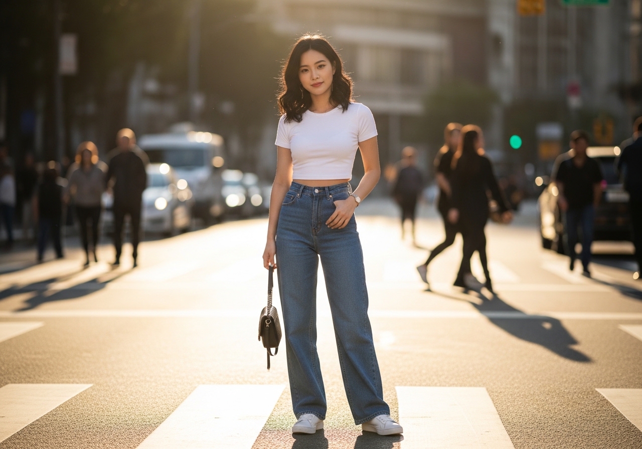 Young Korean woman wearing white fitted crop top tucked into high-waist wide leg blue denim jeans, white sneakers, standing on a bright urban street, stylish casual summer look, warm sunlight