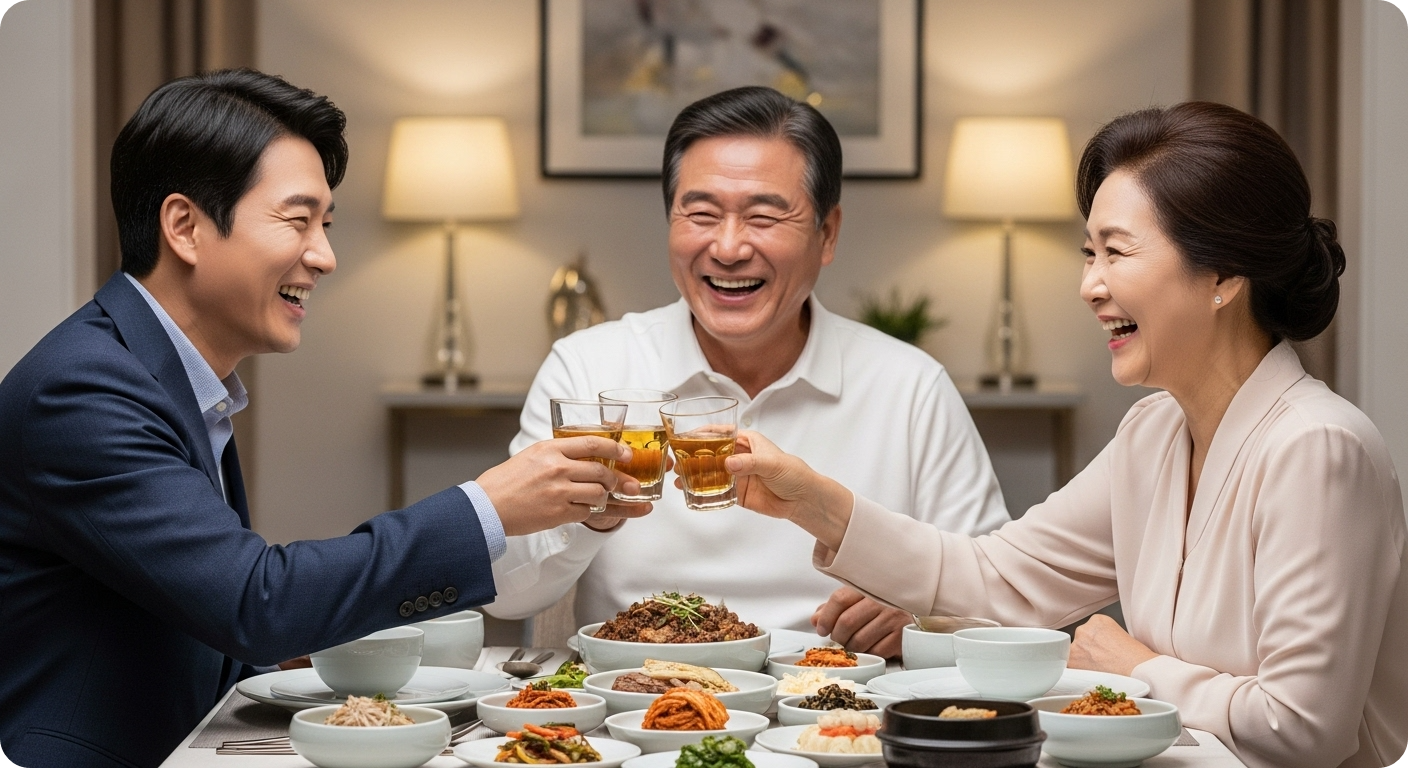 성인 아들(30대)이 부모님과 함께 식사하며 즐겁게 웃고 건배하는 모습. 따뜻함과 존경, 변치 않는 가족의 사랑이 담긴 순간.