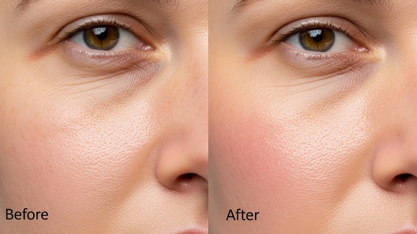 닥터 지 더모이스처 배리어 D 인텐스 크림을 바르기 전후의 얼굴 피부(예: 뺨 또는 이마) 부분에 초점을 맞춘 매크로 샷입니다.