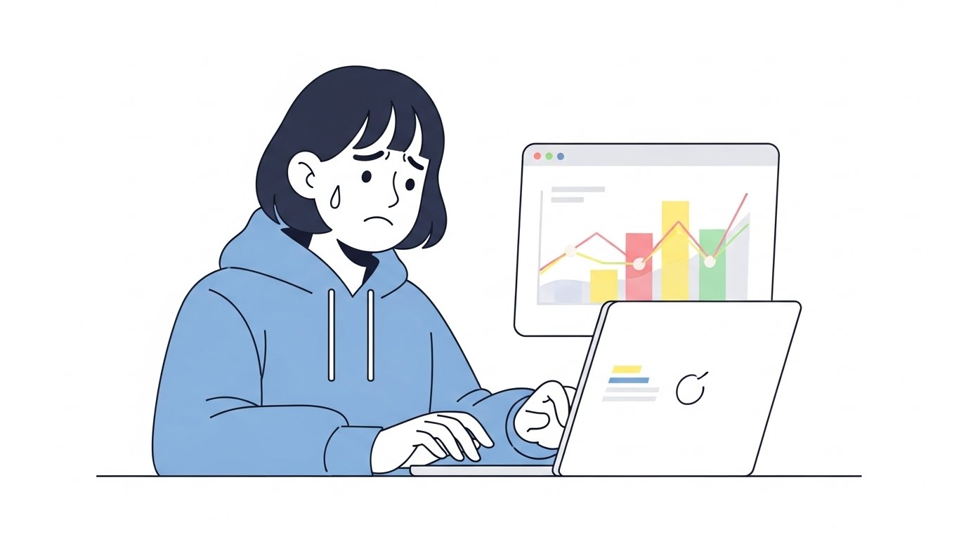 유튜브 통계를 보며 고민하는 대학생 크리에이터의 모습, 조회수 하락의 원인을 알고리즘 탓만 하기보다 구조를 먼저 점검해야 합니다.