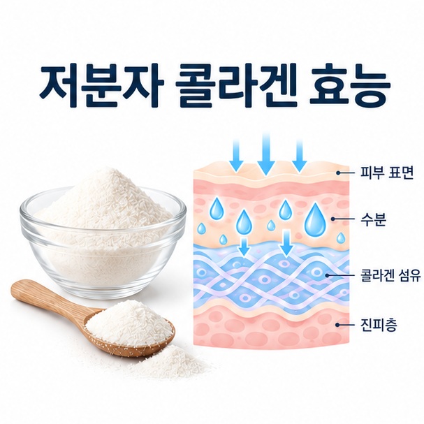 저분자 콜라겐 효능이라는 제목과 콜라겐 펩타이드 분말 및 피부 단면을 표현한 대표 이미지