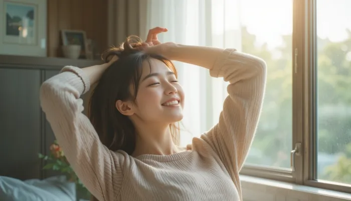 숙면 후 기지개 켜는 여성