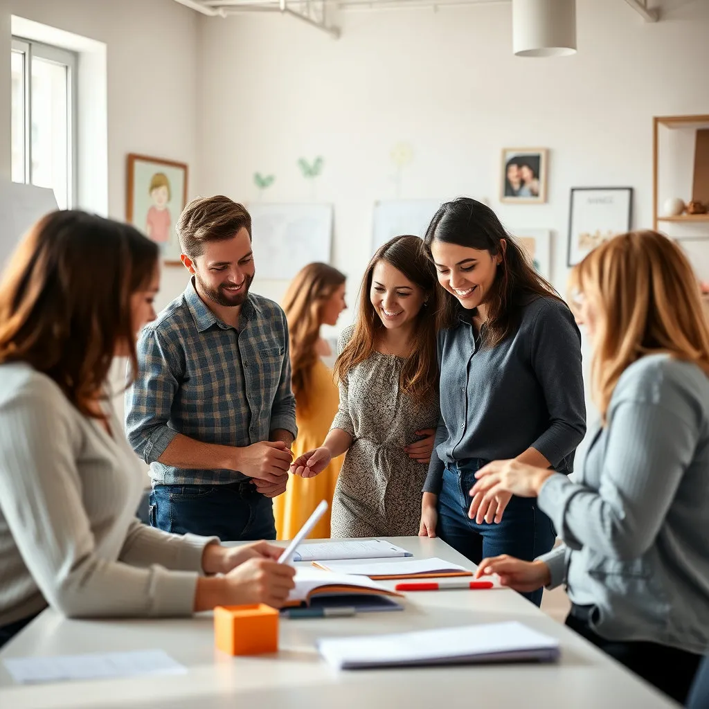 밝은 분위기의 사무실에서 여러 동료들이 서로를 격려하며 업무를 지원하는 모습입니다. 배경에 아이가 그린 듯한 그림이나 가족 사진이 은은하게 걸려 있어, 육아 친화적인 직장 분위기를 암시합니다.