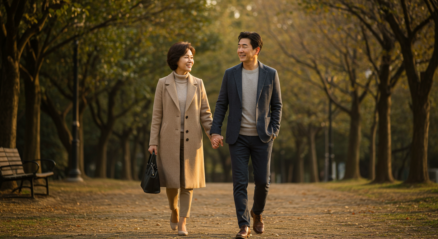 alt=&quot;해 질 무렵 공원을 걷는 부부&quot;