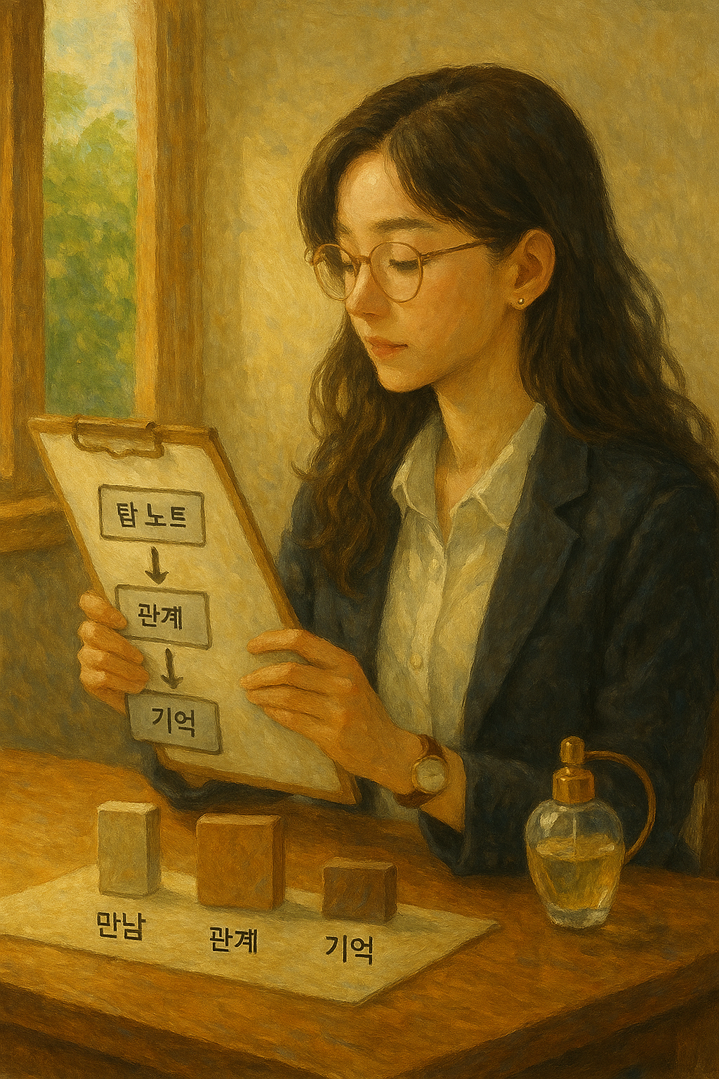 “세 가지 향의 시간 구조 – 만남, 관계, 기억의 여정을 시각화한 장면”