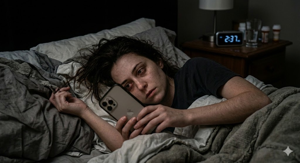 A restless, anxious person unable to sleep and fidgeting with their smartphone.