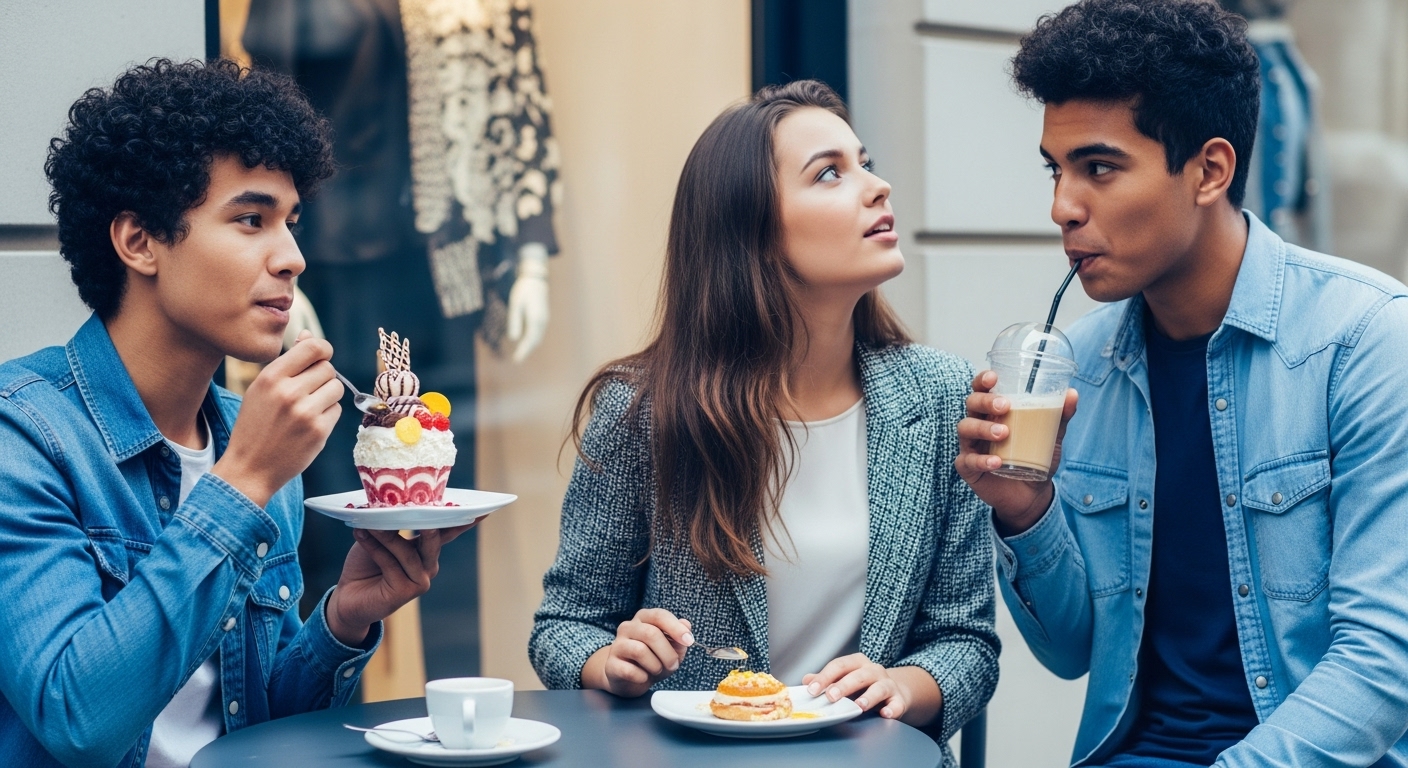 트렌디한 카페에서 디저트를 즐기거나 쇼핑을 하는 젊은 수험생들의 활기찬 모습.