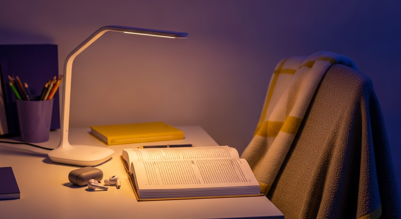 모던한 학습용 스탠드와 무선 이어폰, 따뜻한 담요가 놓인 책상. 학습 환경 개선을 위한 3만원 이상 프리미엄 수험생 선물.