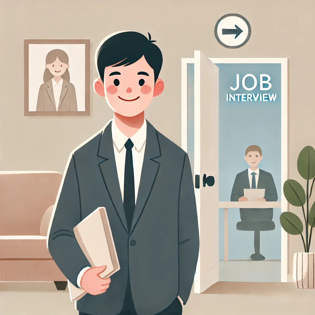 면접장 앞에서 자신감 있는 표정으로 서 있는 남성. 열린 문 너머에는 면접관이 기다리고 있다.